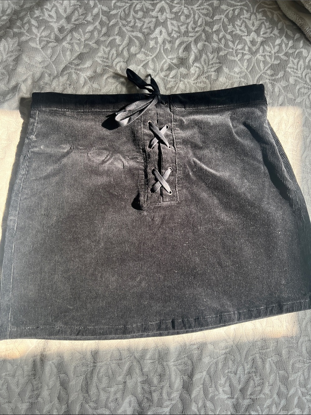 SO Black Corduroy Mini Skirt with Front Lace-Up
